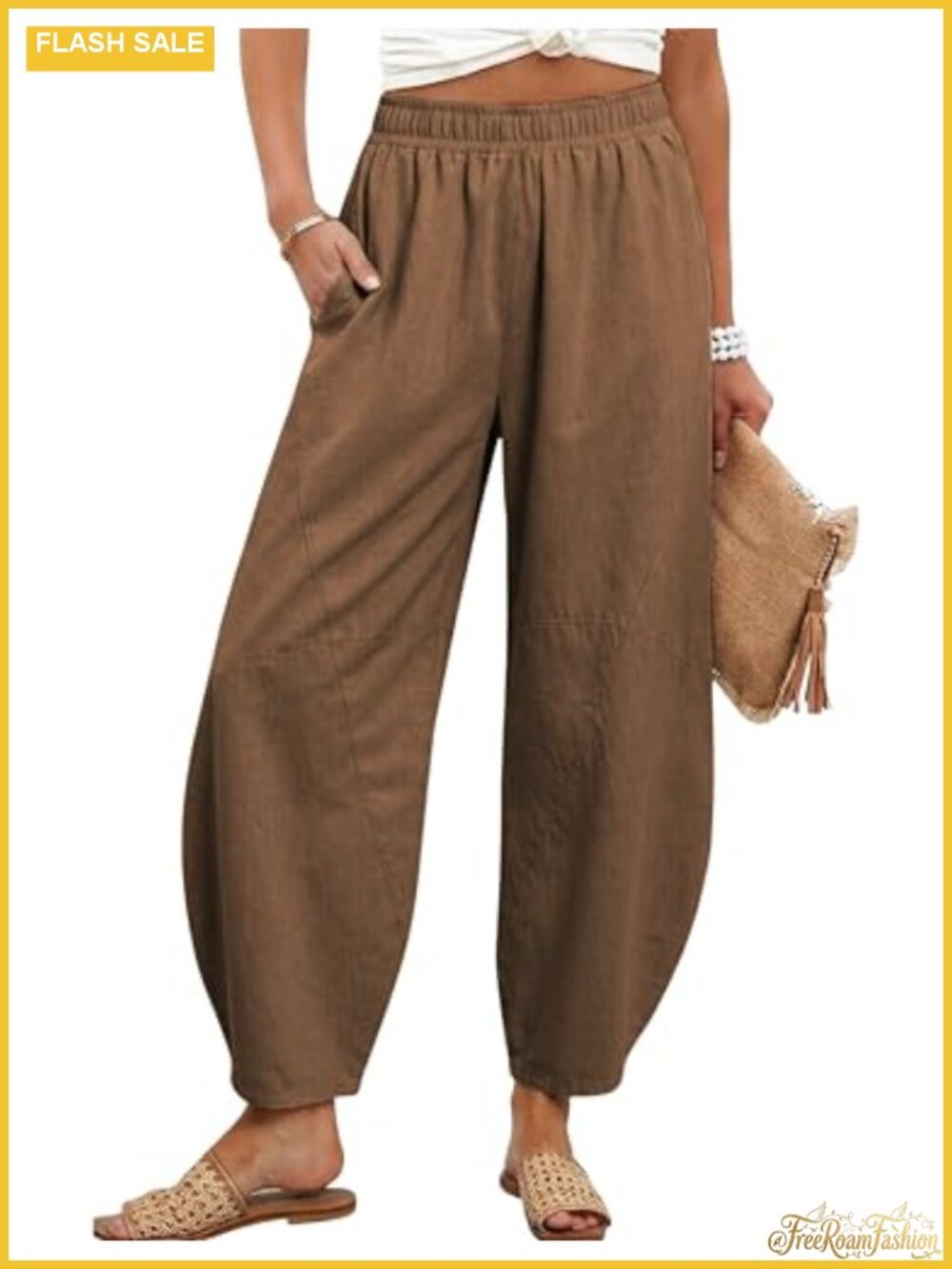 Women's Cotton Barrel Capri Pants High Waist Wide Leg Casual